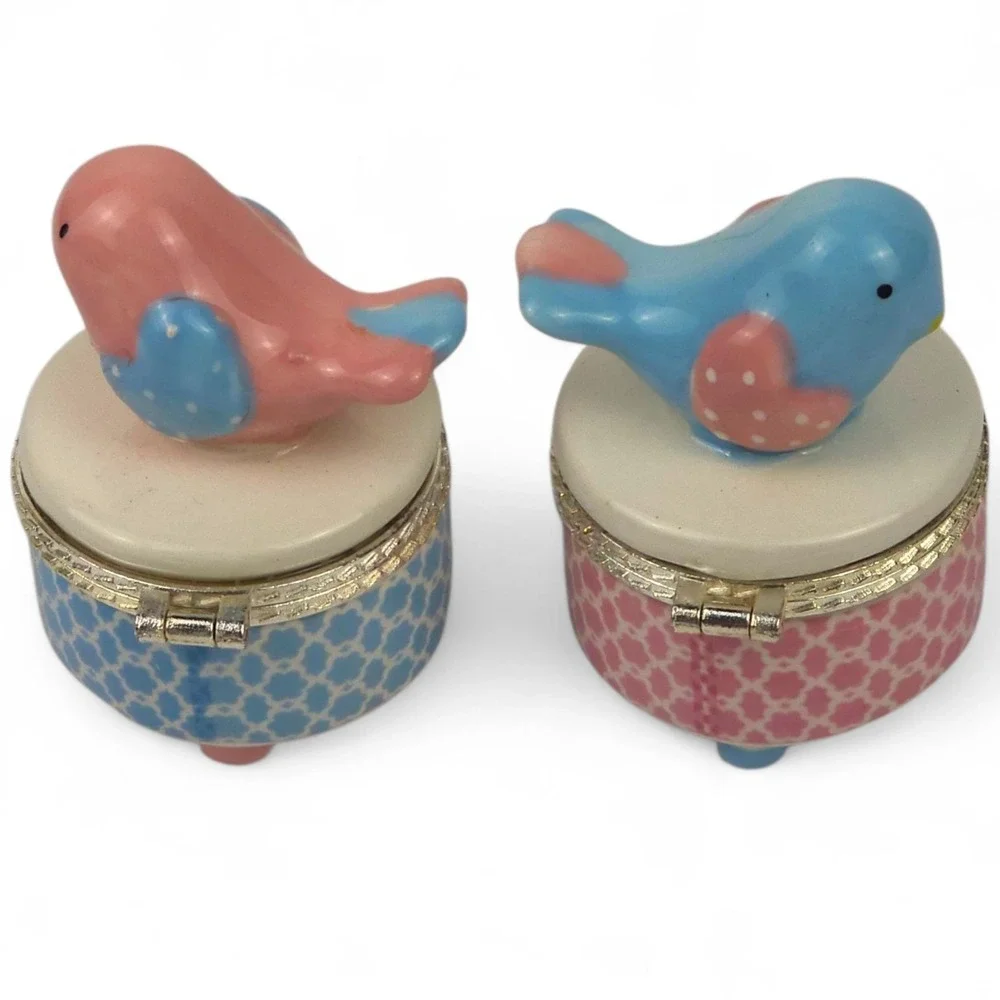 Mud Pie My First Tooth and Curl Keepsake Set Ceramic Bird Baby Trinket Box Pink